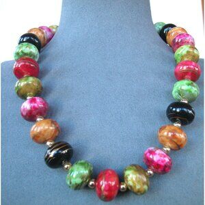 Vintage Hand-Painted Multi-Color Bead Necklace With Metallic Accents & Lobster C